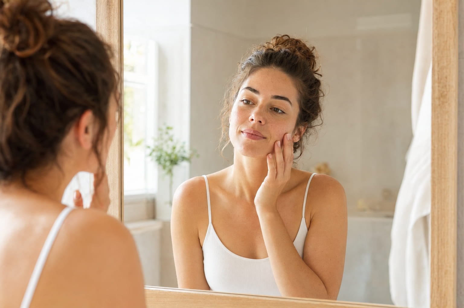 Mujer observando las necesidades de su piel frente al espejo – Ana Estada.